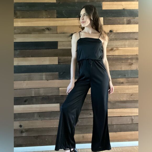 Vintage 70s Union Made Black Disco Jumpsuit Adjustable Straps Zip Back - Picture 2 of 14